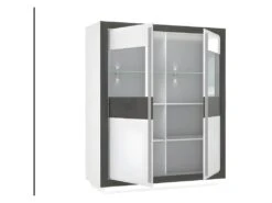 Armoire Vitrine 2 Portes Bois Blanc Et Gris Lumière LED - CALVI -Deco.fr Soldes Boutique bibliotheque vitrine et etagere 10004935