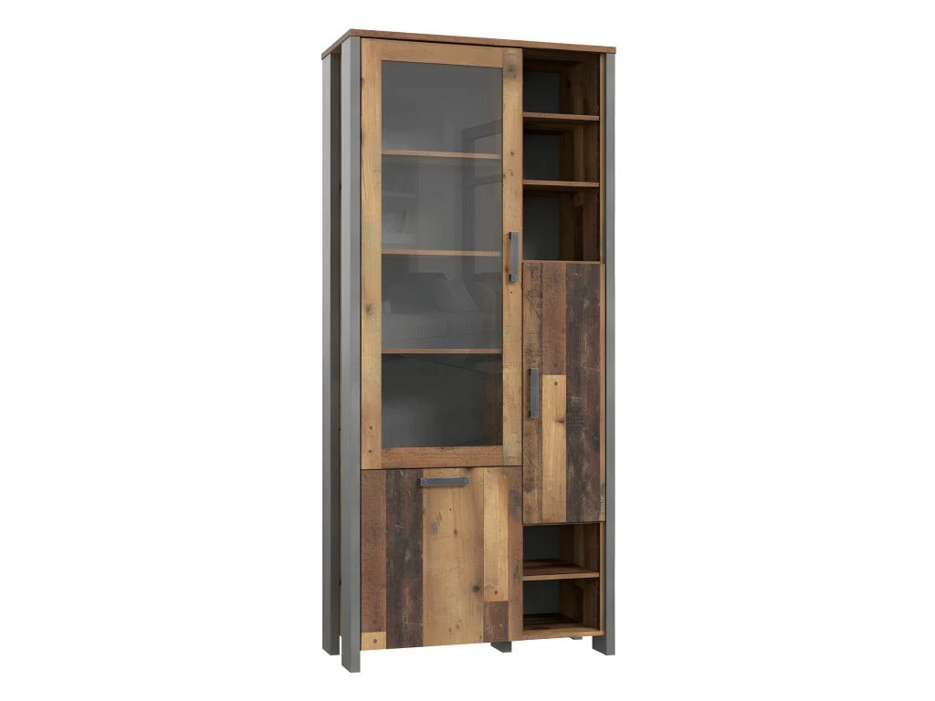 Vitrine 3 Portes Et 14 Niches Effet Bois Vieilli Et Béton Gris - BUCK 1 Vitrine 3 Portes Et 14 Niches Effet Bois Vieilli Et Béton Gris - BUCK