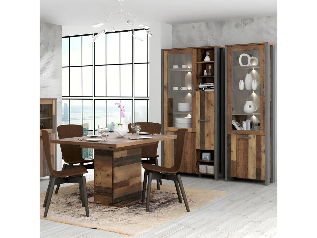 Vitrine 3 Portes Et 14 Niches Effet Bois Vieilli Et Béton Gris - BUCK 2 Vitrine 3 Portes Et 14 Niches Effet Bois Vieilli Et Béton Gris - BUCK – Image 2