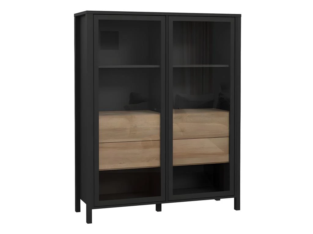 Vitrine Large Décor Noir Et Effet Chêne Avec Poignées Noir - MODE 1 Vitrine Large Décor Noir Et Effet Chêne Avec Poignées Noir - MODE