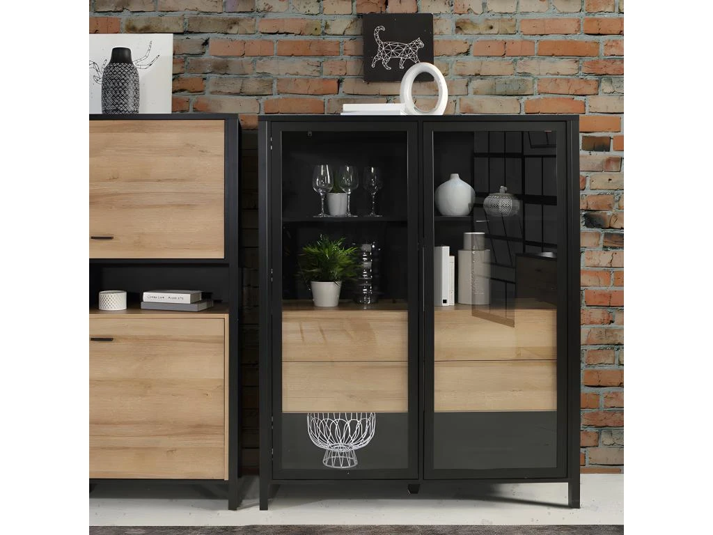 Vitrine Large Décor Noir Et Effet Chêne Avec Poignées Noir - MODE 2 Vitrine Large Décor Noir Et Effet Chêne Avec Poignées Noir - MODE – Image 2