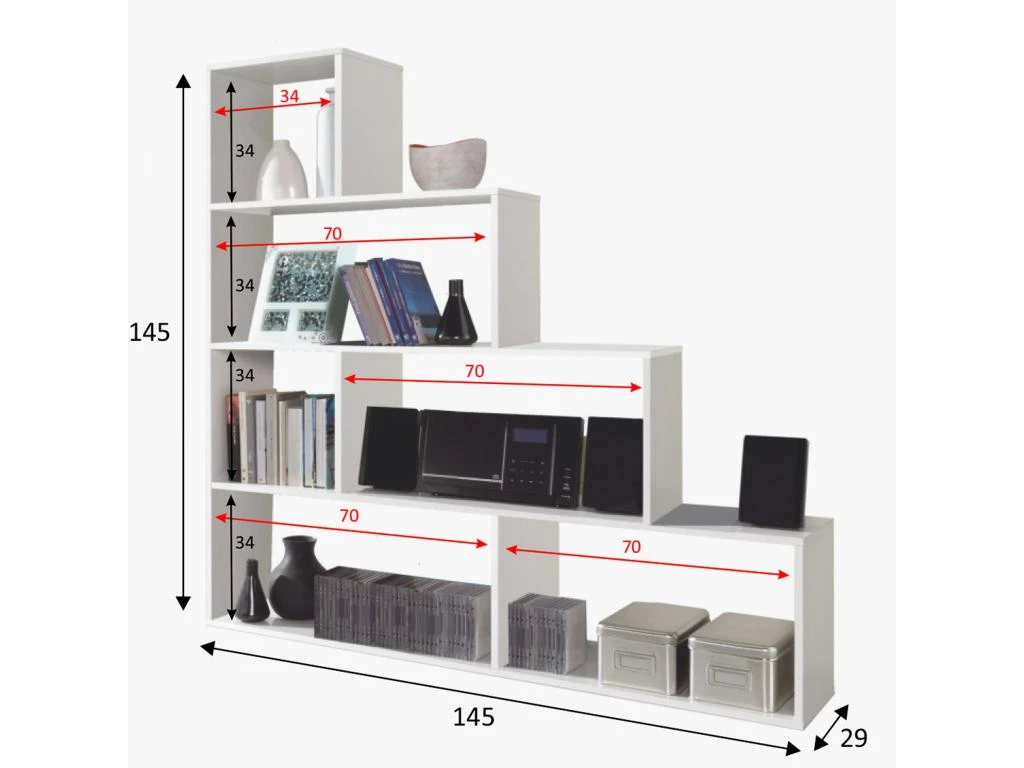Étagère Bibliothèque Jaén Blanc Brillant 6 étagères, Pour Salle à Manger Ou Bureau 3 Étagère Bibliothèque Jaén Blanc Brillant 6 étagères, Pour Salle à Manger Ou Bureau – Image 3