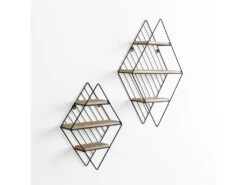 Set De 2 étagères Murales Diamante En Métal Noir Et Bois De Paulownia