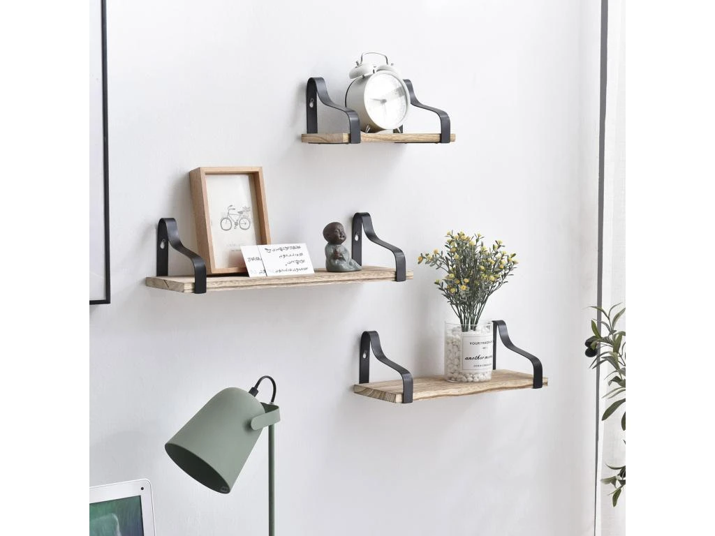Set De 3 étagères Murales Bemol En Métal Noir Et Bois De Paulownia 2 Set De 3 étagères Murales Bemol En Métal Noir Et Bois De Paulownia – Image 2