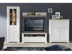 Vitrine 2 Portes 1 Tiroir éclairage LED Décor Chêne Blanchi - ANGELE -Deco.fr Soldes Boutique bibliotheque vitrine et etagere 8926677