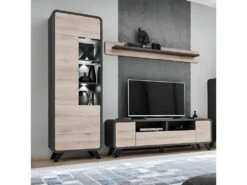 Vitrine Haute Avec LED Collection OASIS. Coloris Gris Et Bois. Meuble Design Idéal Pour Votre Salle à Manger -Deco.fr Soldes Boutique bibliotheque vitrine et etagere 8927403