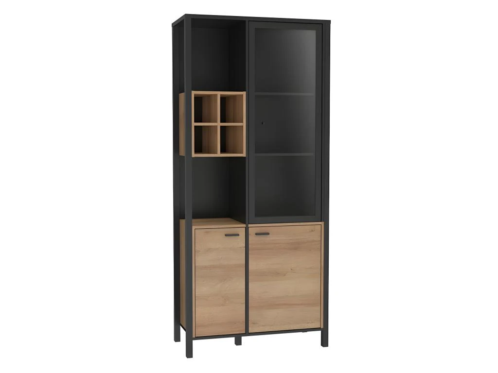 Vitrine H194 Cm Décor Noir Et Effet Chêne Avec Poignées Noir - MODE 1 Vitrine H194 Cm Décor Noir Et Effet Chêne Avec Poignées Noir - MODE