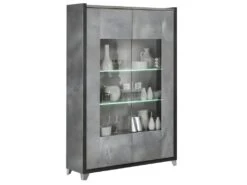 HOFFMAN - Vitrine 2 Portes Gris Aspect Pierre Avec Led -Deco.fr Soldes Boutique bibliotheque vitrine et etagere 9500311