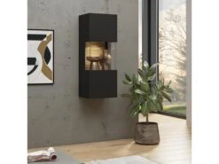 Petite Vitrine Suspendue 1 Porte Partiellement Vitrée Collection EVA. Couleur Noir Et Chêne.