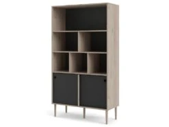 Rome Étagère, 2 Portes Coulissantes Et 6 Compartiments, Imitation Chêne Hickory, Noir Mat. -Deco.fr Soldes Boutique bibliotheque 22083119