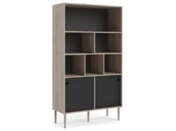 Rome Étagère, 2 Portes Coulissantes Et 6 Compartiments, Imitation Chêne Hickory, Noir Mat. -Deco.fr Soldes Boutique bibliotheque 22083121