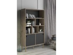 Rome Étagère, 2 Portes Coulissantes Et 6 Compartiments, Imitation Chêne Hickory, Noir Mat. -Deco.fr Soldes Boutique bibliotheque 22083133