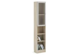 Base Étagère 1 Porte Vitrée Et 2 Tablettes De Rangement, Finition Chêne Structuré, Blanc. -Deco.fr Soldes Boutique bibliotheque 22083719