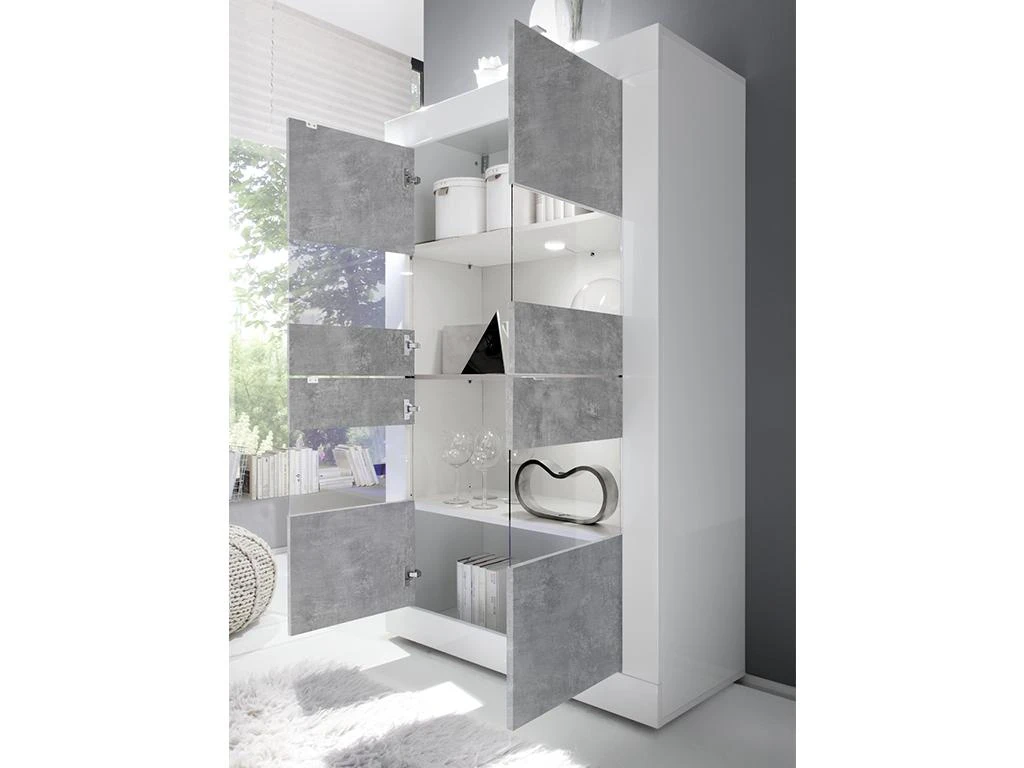 Vitrine COMETE - LEDs - 4 Portes - Blanc Laqué & Béton 4 Vitrine COMETE - LEDs - 4 Portes - Blanc Laqué & Béton – Image 4