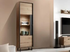 Vitrine BAYORI - 1 Porte - Avec LEDs - ChĂȘne Et Anthracite