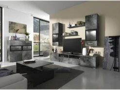 Buffet 90cm Pour Salon Avec 2 Portes Vitrées Et LED Intégrées Couleur Effet Ardoise Collection CONNOR. -Deco.fr Soldes Boutique buffet 10685679