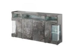 Buffet XL 180cm Avec 4 Portes Couleur Gris Effet Ardoise Avec éclairage LED Multicolore Intégré Collection BOMBAY.