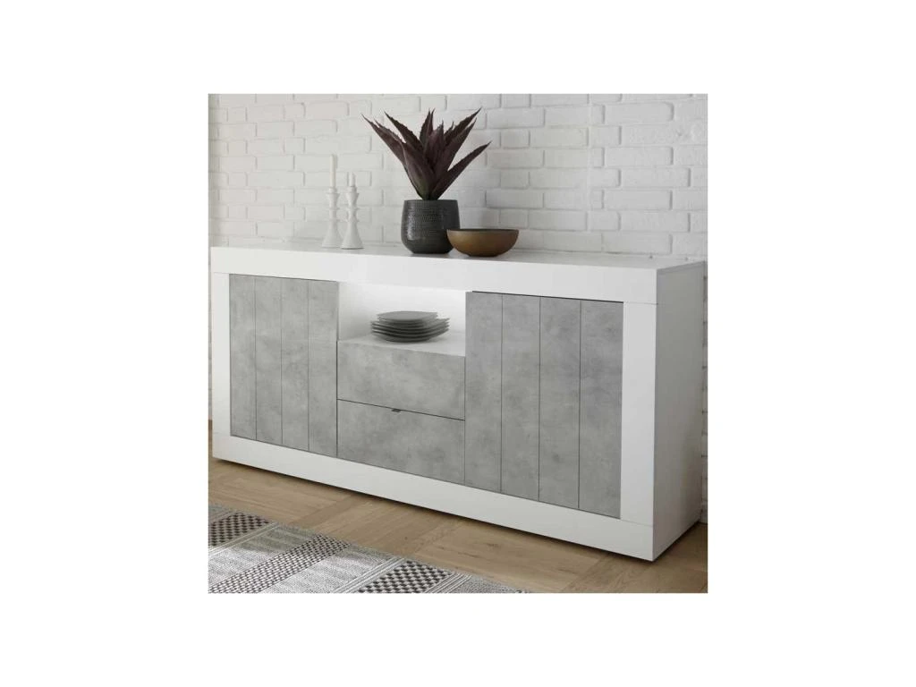 Buffet 2 Portes 2 Tiroirs Blanc/Béton Ciré Clair - LUBIO 1 Buffet 2 Portes 2 Tiroirs Blanc/Béton Ciré Clair - LUBIO