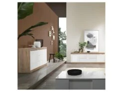 Buffet 2 Portes 3 Tiroirs Blanc Laqué Brillant/Chêne Naturel - SPEZIA -Deco.fr Soldes Boutique buffet 11133217