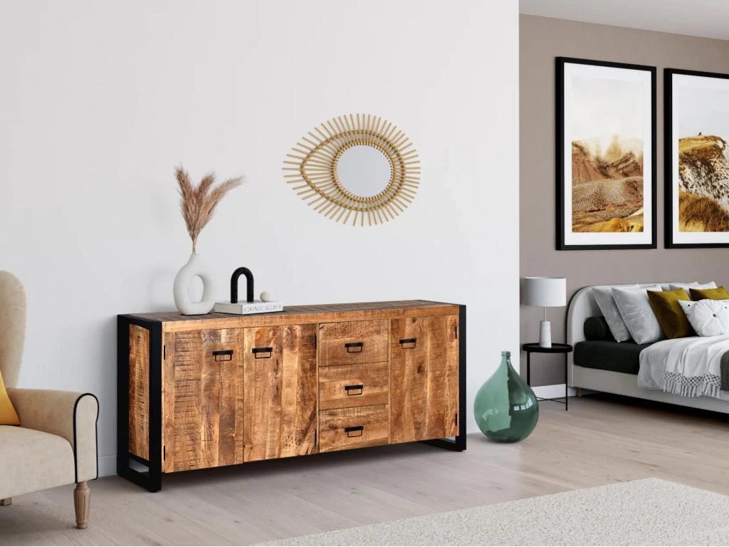 Buffet HARLEM - 3 Portes Et 3 Tiroirs - Bois De Manguier & Métal 1 Buffet HARLEM - 3 Portes Et 3 Tiroirs - Bois De Manguier & Métal