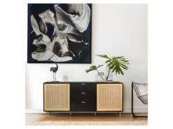 Buffet HARROD - Laque Noir Et Maillage En Rotin Naturel - 2 Portes Et 3 Tiroirs - L 180 X P 40 X H 80 Cm -Deco.fr Soldes Boutique buffet 12624455