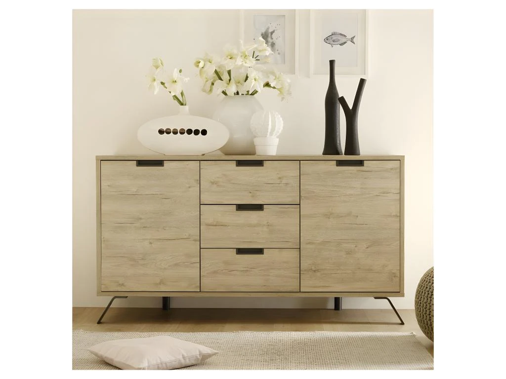 Buffet 2 Portes 3 Tiroirs Chêne Clair - PALERME 1 Buffet 2 Portes 3 Tiroirs Chêne Clair - PALERME