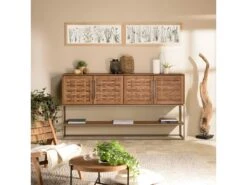 ALIDA - Buffet En Bois De Teck Recyclé 4 Portes En Tissage De Bambou
