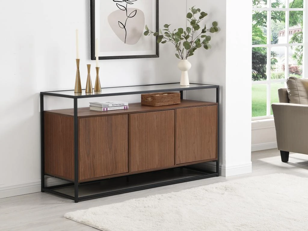 Buffet Avec 3 Portes En MDF, Verre Trempé Et Métal - Naturel Foncé - CAMATA 1 Buffet Avec 3 Portes En MDF, Verre Trempé Et Métal - Naturel Foncé - CAMATA