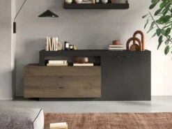 Buffet Avec 2 Portes, 3 Tiroirs Et 1 Niche - Naturel Foncé Et Anthracite - RUSELO