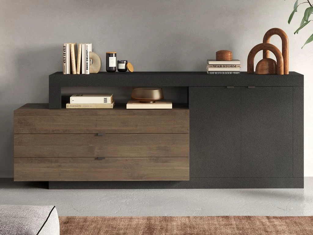 Buffet Avec 2 Portes, 3 Tiroirs Et 1 Niche - Naturel Foncé Et Anthracite - RUSELO 2 Buffet Avec 2 Portes, 3 Tiroirs Et 1 Niche - Naturel Foncé Et Anthracite - RUSELO – Image 2