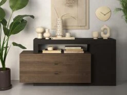 Buffet Avec 1 Porte, 3 Tiroirs Et 1 Niche - Naturel Foncé Et Anthracite - RUSELO