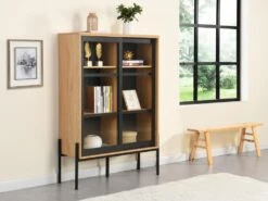 Vitrine Avec 2 Portes Coulissantes - Naturel Clair Et Noir - MEMPHIS II