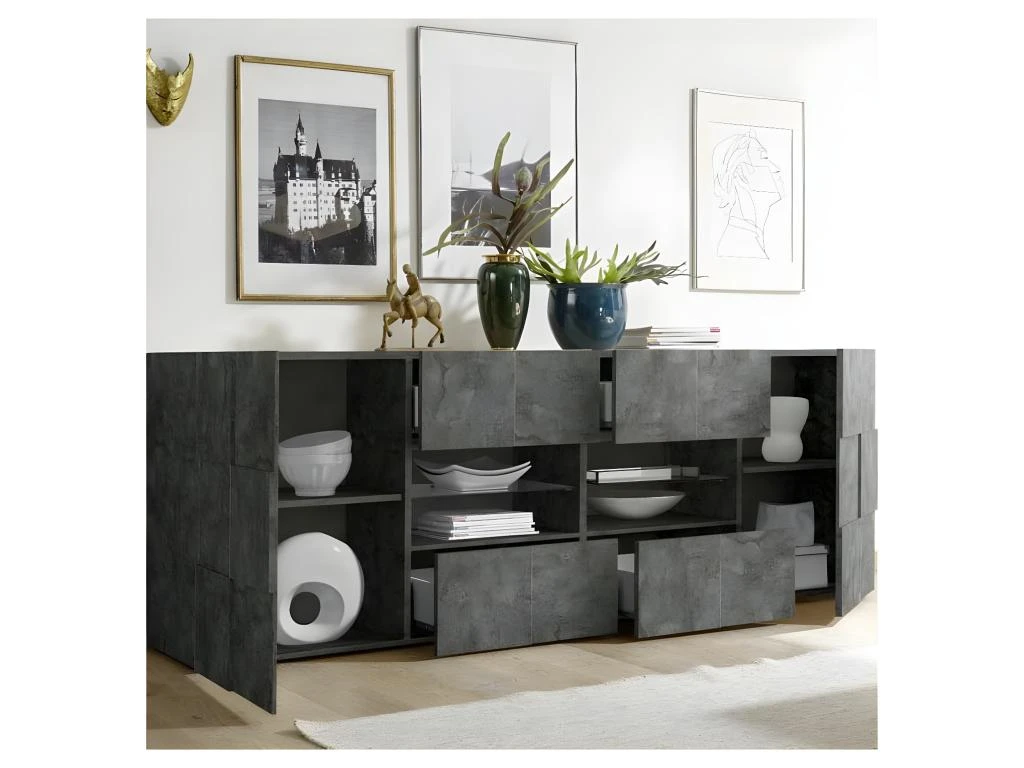 Buffet 2 Portes 4 Tiroirs Béton Ciré Foncé - TICATO 3 Buffet 2 Portes 4 Tiroirs Béton Ciré Foncé - TICATO – Image 3