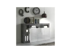 Buffet 3 Portes Blanc Laqué Brillant/Béton Ciré Foncé - ISCHIA