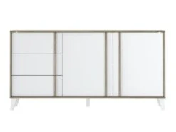 Buffet, Meuble De Rangement En Mélamine Coloris Chêne Et Blanc - L. 160 X P. 45 X H. 82 Cm