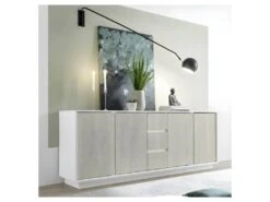 Buffet 4 Portes 3 Tiroirs Blanc Brillant Chêne Orme - BURANO