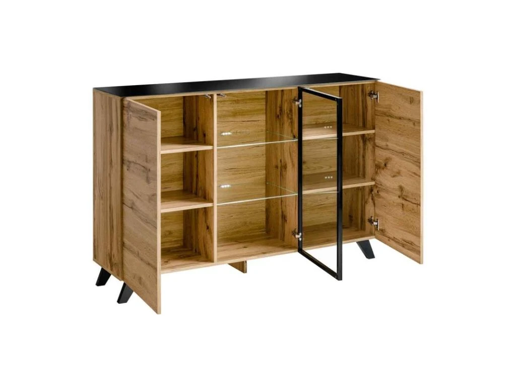 Buffet 3 Portes LED "Thin" 150cm Noir & Naturel 2 Buffet 3 Portes LED "Thin" 150cm Noir & Naturel – Image 2