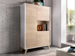 Buffet Haut KOLYMA - 3 Portes & 1 Niche - Coloris : Chêne & Blanc