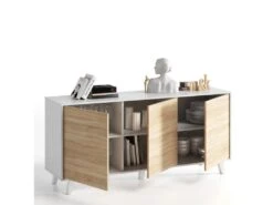 Buffet 3 Portes Blanc Brillant/Chêne Clair - STOCKTON - L 154 X L 41 X H 75 Cm -Deco.fr Soldes Boutique buffet 19720557