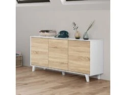 Buffet 3 Portes Blanc Brillant/Chêne Clair - STOCKTON - L 154 X L 41 X H 75 Cm -Deco.fr Soldes Boutique buffet 19720561