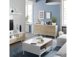 Buffet 3 Portes Blanc Brillant/Chêne Clair - STOCKTON - L 154 X L 41 X H 75 Cm -Deco.fr Soldes Boutique buffet 19720563