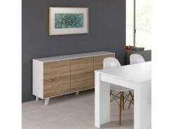 Buffet 3 Portes Blanc Brillant/Chêne Clair - STOCKTON - L 154 X L 41 X H 75 Cm -Deco.fr Soldes Boutique buffet 19720567