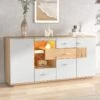 Buffet Bas Avec 2 Portes Et 4 Tiroirs - LED - étagère En Verre Pour Salon Ou Cuisine - Blanc & Naturel -Deco.fr Soldes Boutique buffet 21026121