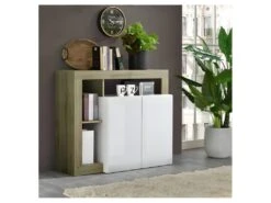 Buffet 2 Portes Blanc Laqué Brillant/Chêne Naturel - ISCHIA