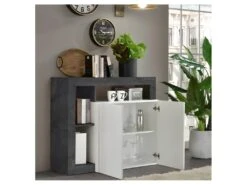 Buffet 2 Portes Blanc Laqué Brillant/Béton Ciré Foncé - ISCHIA -Deco.fr Soldes Boutique buffet 21136365