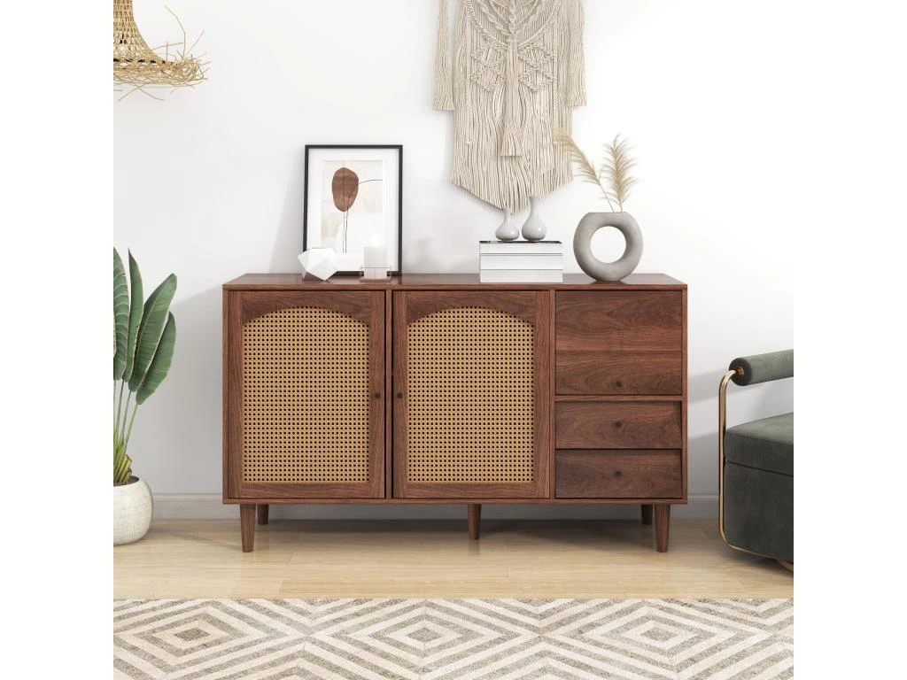 Buffet Avec 3 Portes Et 2 Tiroirs - Portes En Résine Tressée - Style Campagnard - Marron 1 Buffet Avec 3 Portes Et 2 Tiroirs - Portes En Résine Tressée - Style Campagnard - Marron