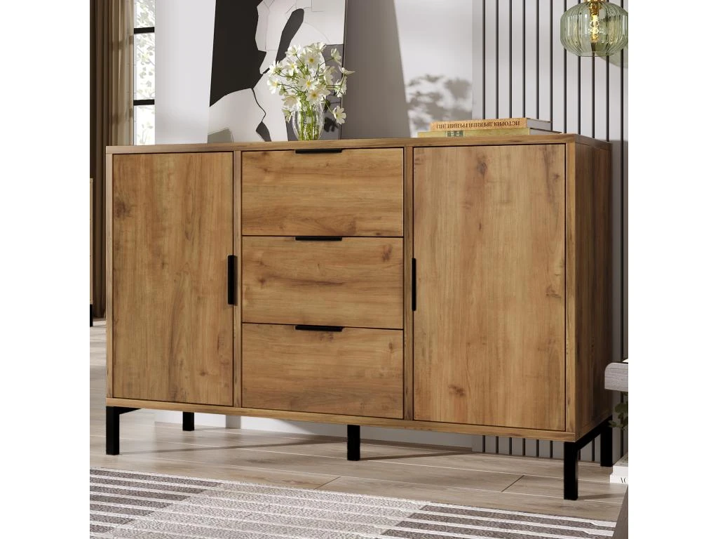 Buffet Avec 2 Portes + 3 Tiroirs + étagères Réglables - Naturel 1 Buffet Avec 2 Portes + 3 Tiroirs + étagères Réglables - Naturel