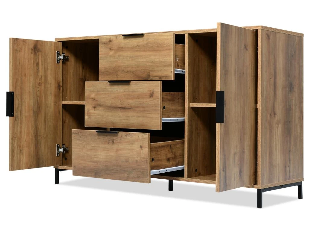 Buffet Avec 2 Portes + 3 Tiroirs + étagères Réglables - Naturel 3 Buffet Avec 2 Portes + 3 Tiroirs + étagères Réglables - Naturel – Image 3