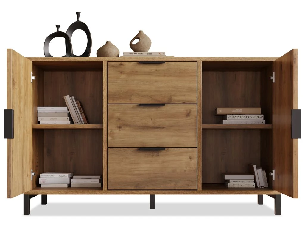 Buffet Avec 2 Portes + 3 Tiroirs + étagères Réglables - Naturel 10 Buffet Avec 2 Portes + 3 Tiroirs + étagères Réglables - Naturel – Image 10