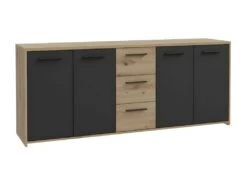 Buffet PILVI - Style Contemporain - Particules Mélaminé -Décor Chene Artisan Et Noir- 4 Portes + 3 Tiroirs - L179,2 X P42